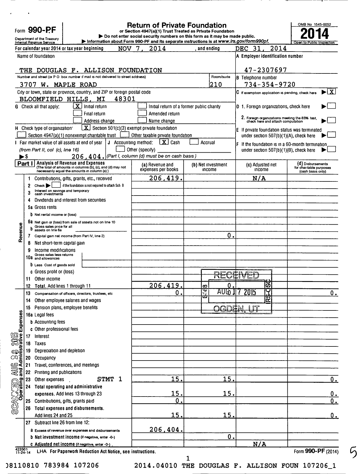 Image of first page of 2014 Form 990PF for Douglas F Allison Foundation