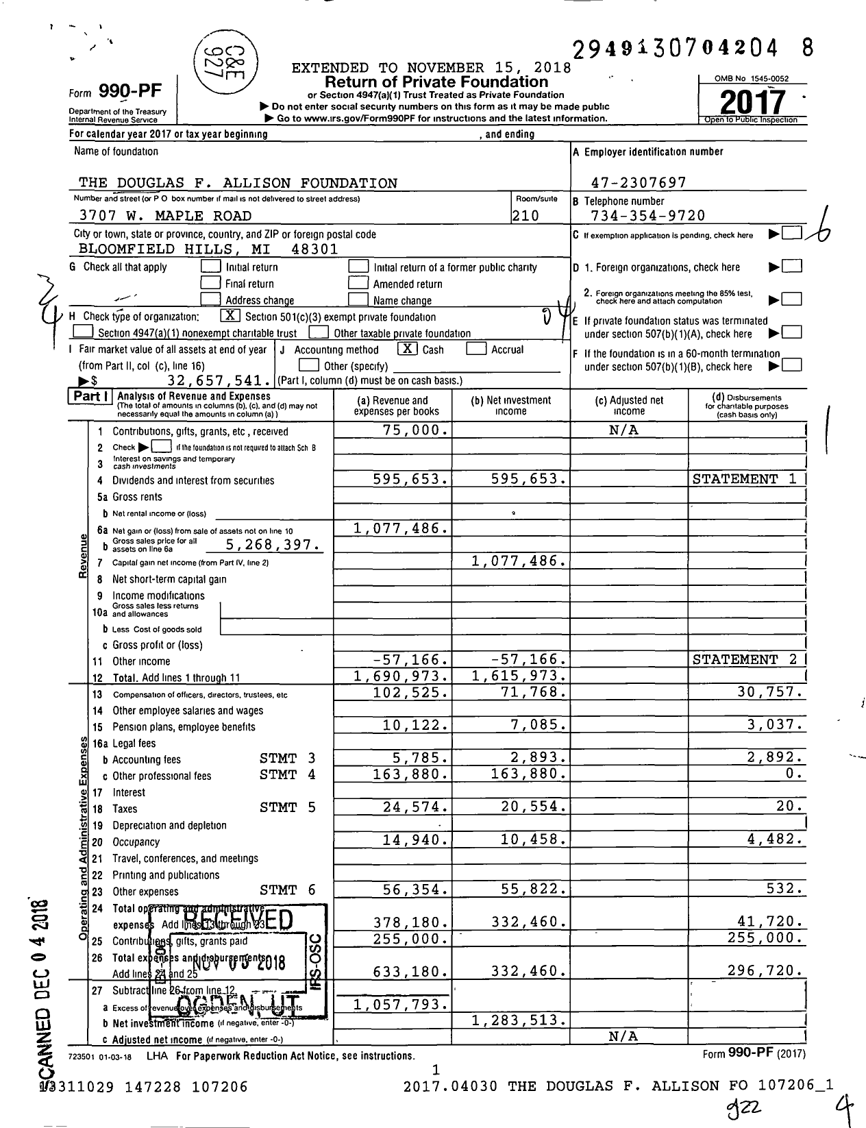 Image of first page of 2017 Form 990PF for Douglas F Allison Foundation