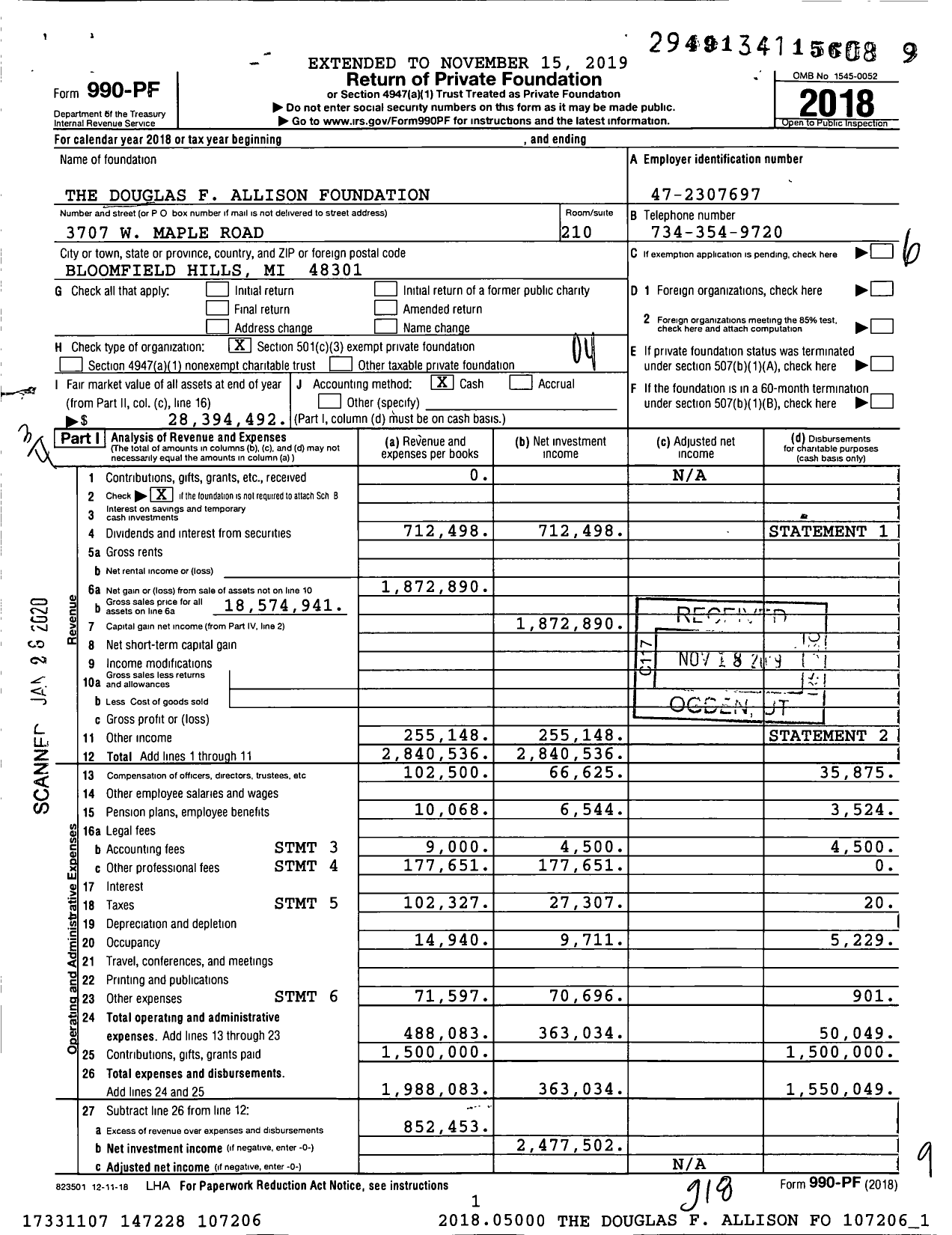 Image of first page of 2018 Form 990PF for Douglas F Allison Foundation
