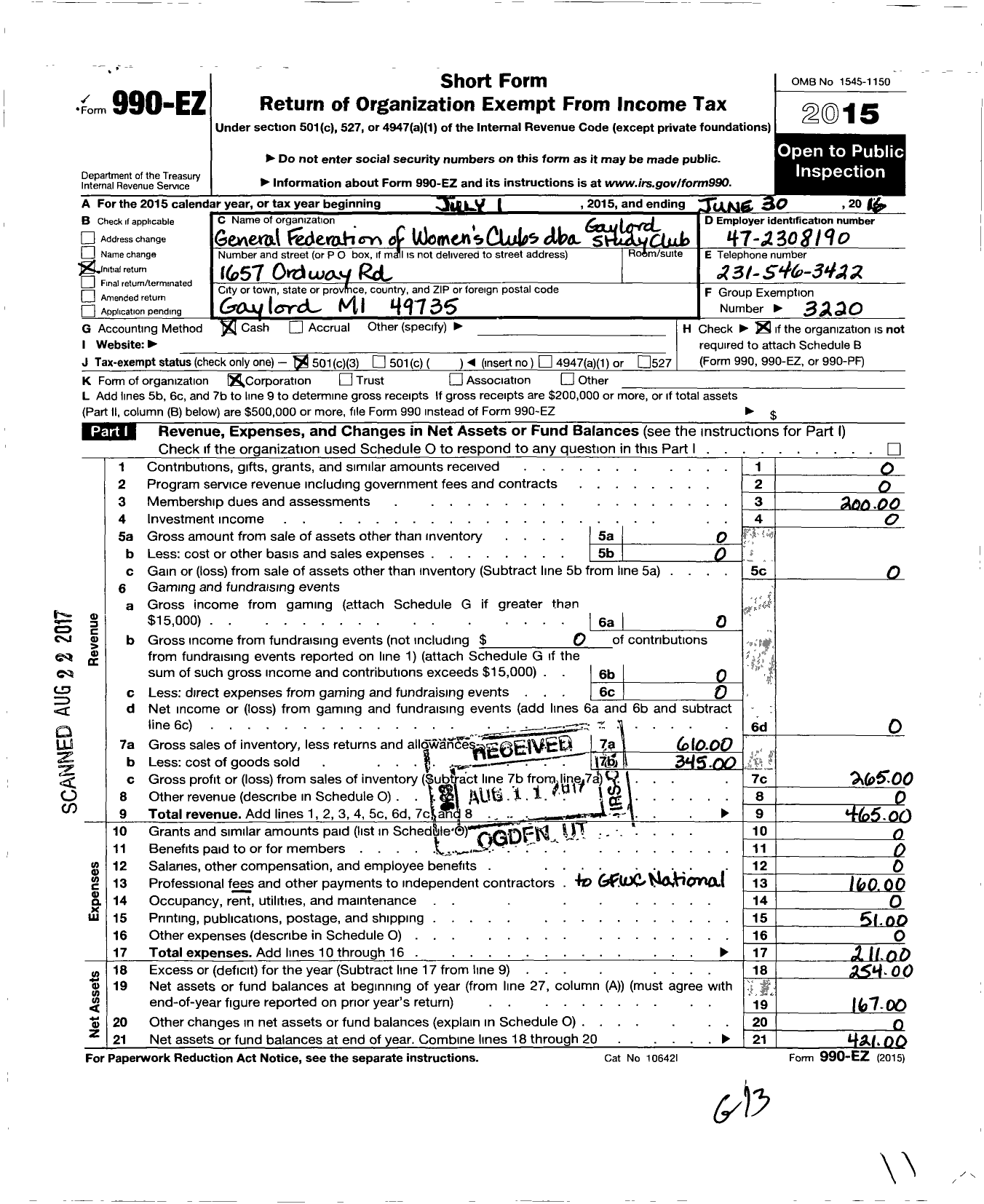 Image of first page of 2015 Form 990EZ for General Federation of Womens Club / GFWC Gaylord Study Club