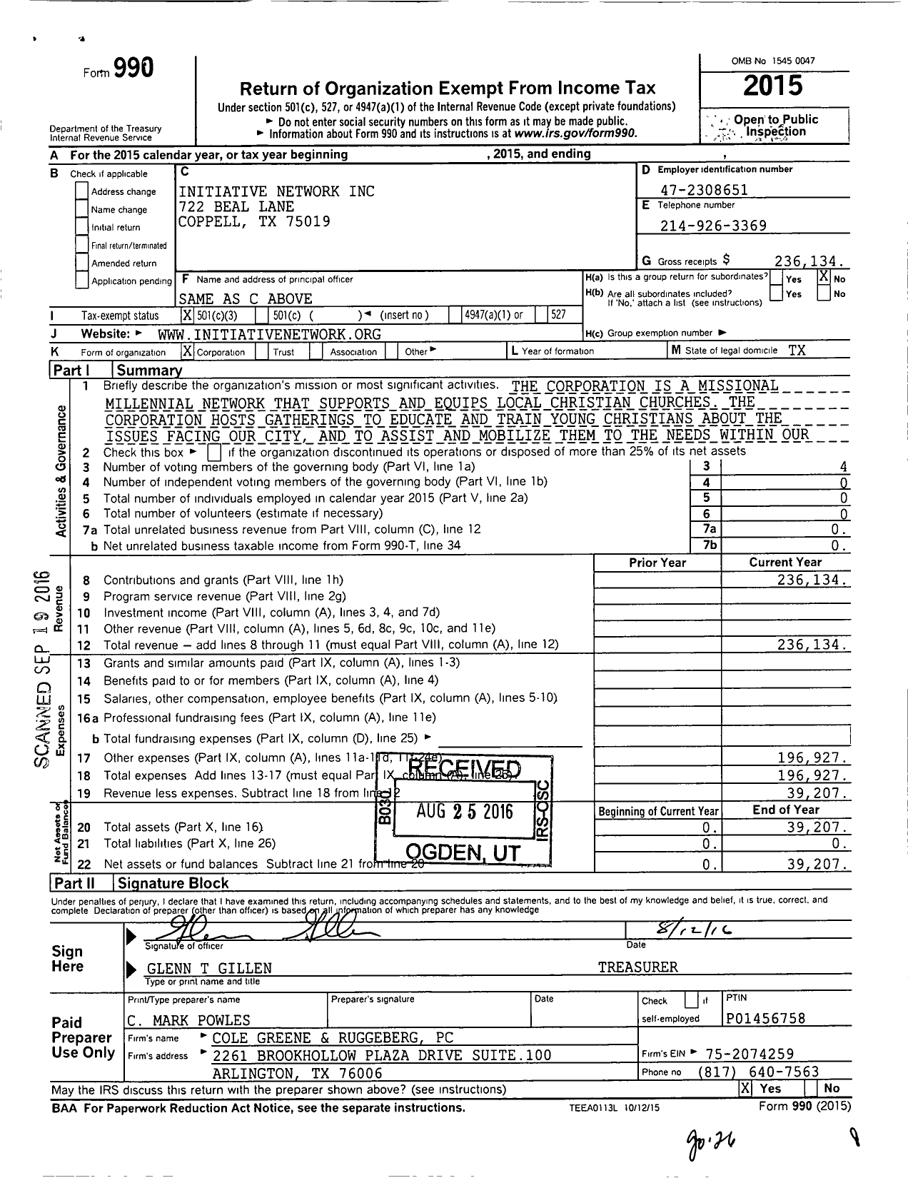 Image of first page of 2015 Form 990 for Initiative Network