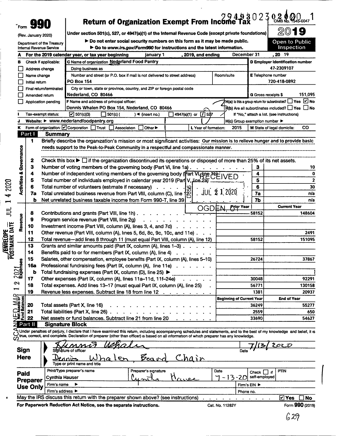 Image of first page of 2019 Form 990 for Nederland Food Pantry