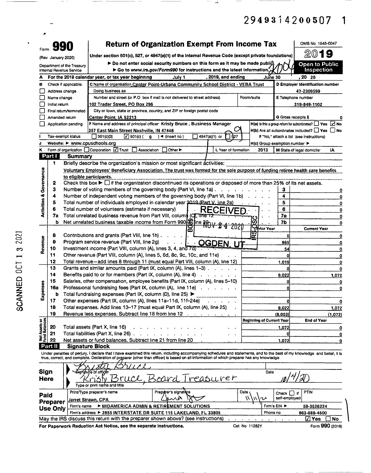 Image of first page of 2019 Form 990O for Center Point-Urbana Community School District Veba Trust