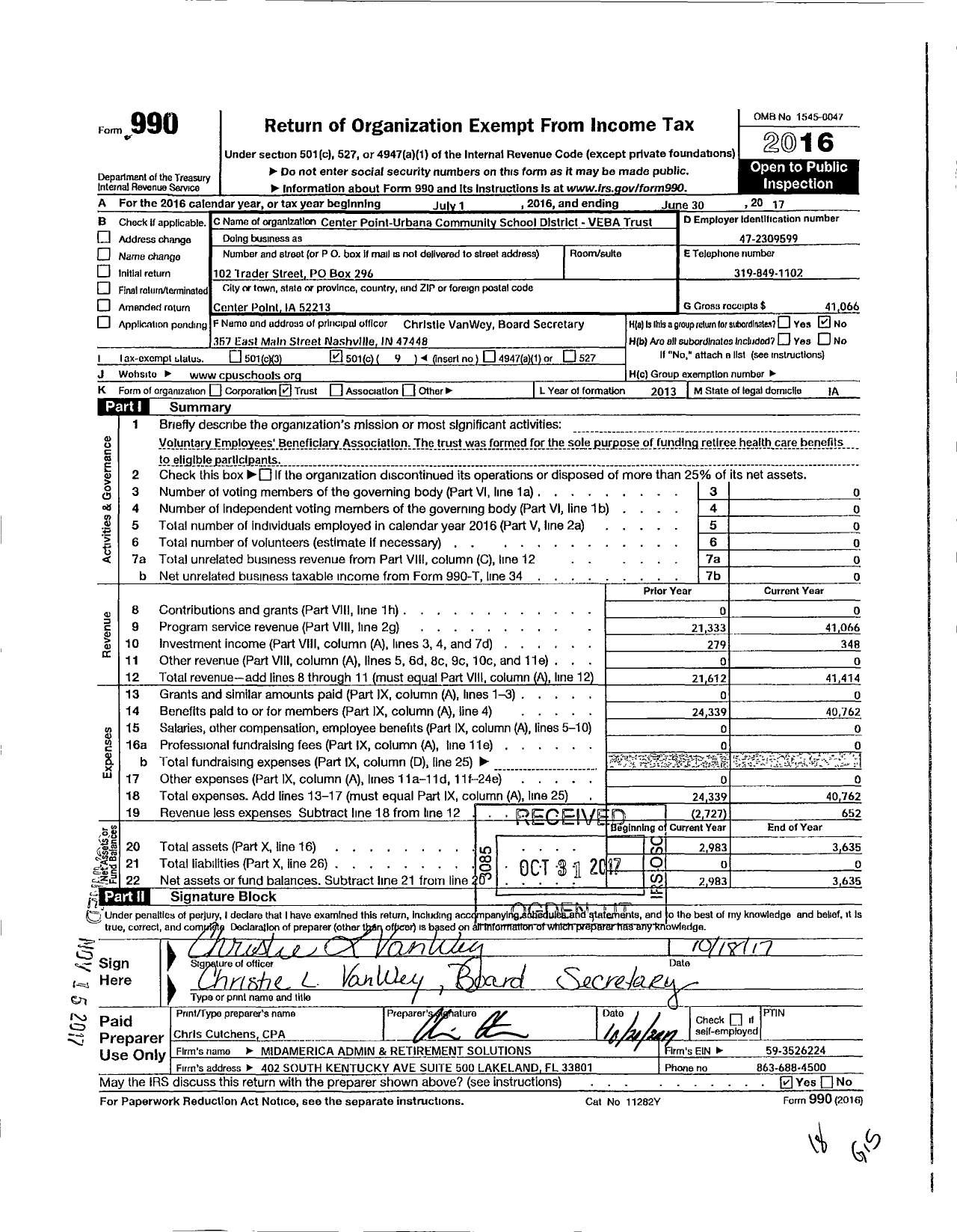Image of first page of 2016 Form 990O for Center Point-Urbana Community School District Veba Trust