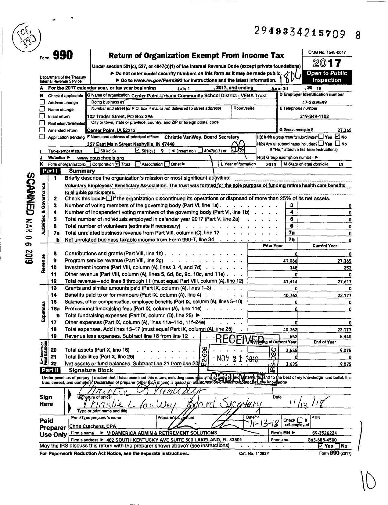 Image of first page of 2017 Form 990O for Center Point-Urbana Community School District Veba Trust