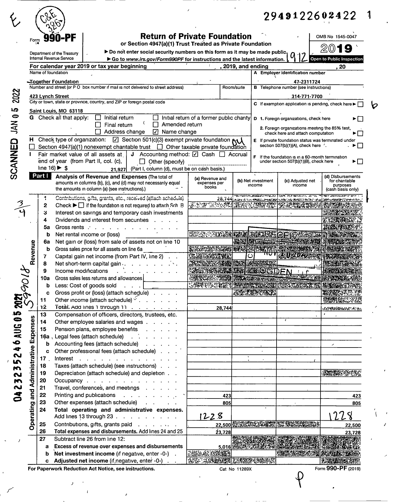 Image of first page of 2019 Form 990PF for Together Foundation