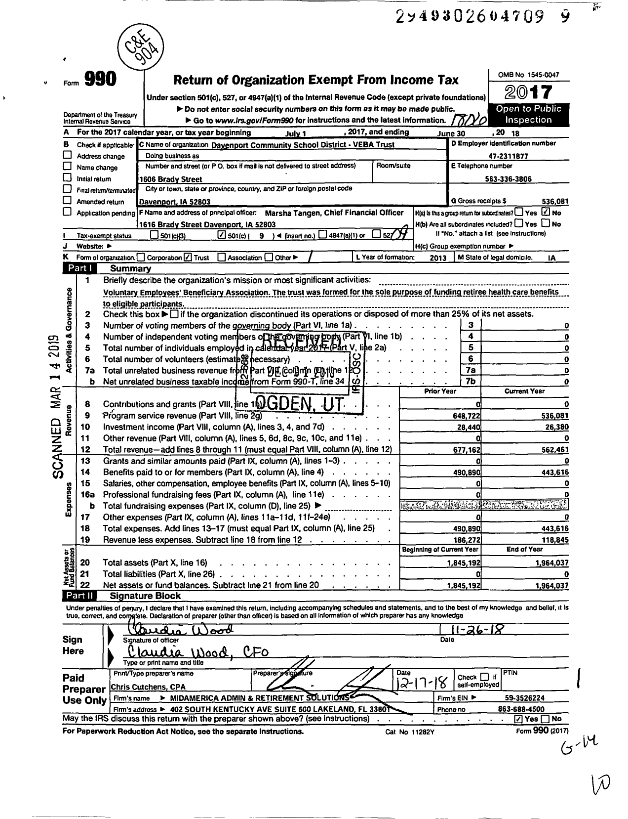 Image of first page of 2017 Form 990O for Davenport Community School District Veba Trust