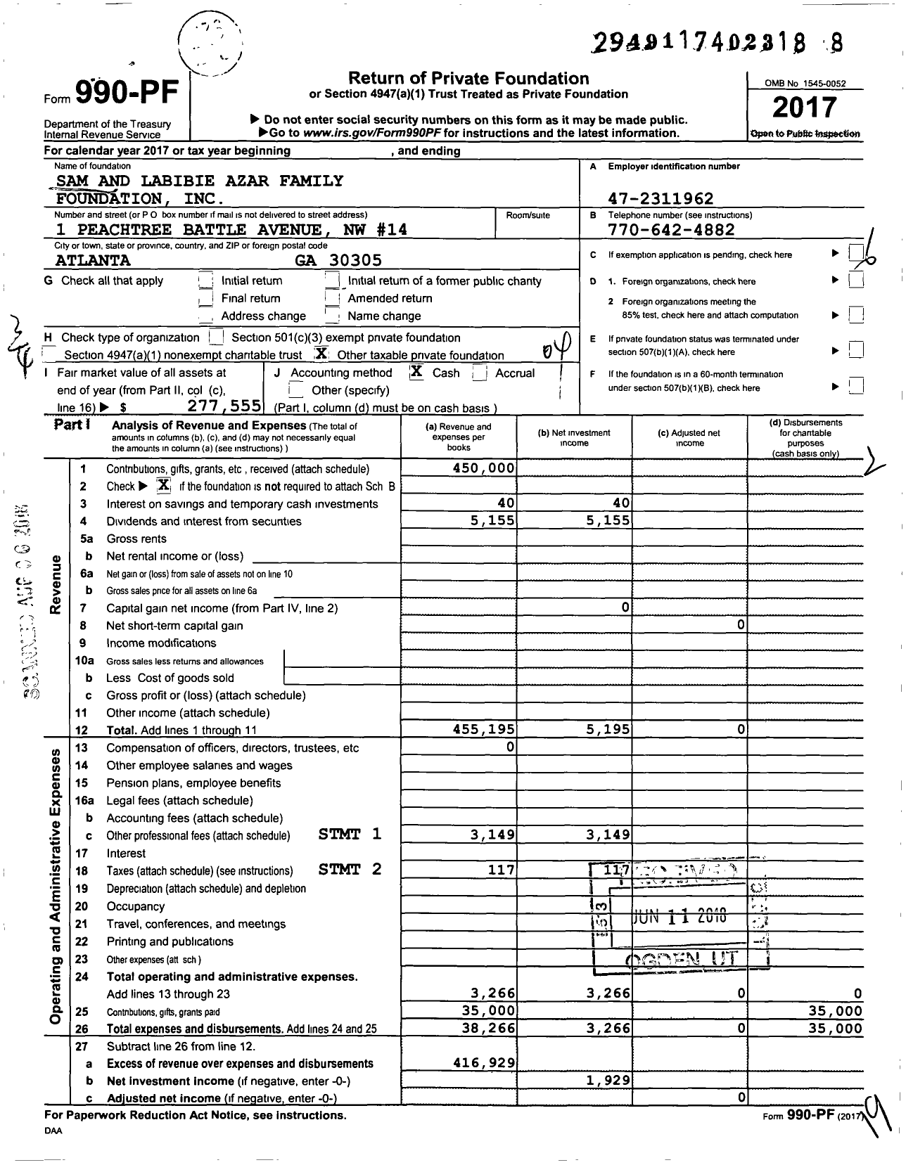 Image of first page of 2017 Form 990PF for Sam and Labibie Azar Family Foundation