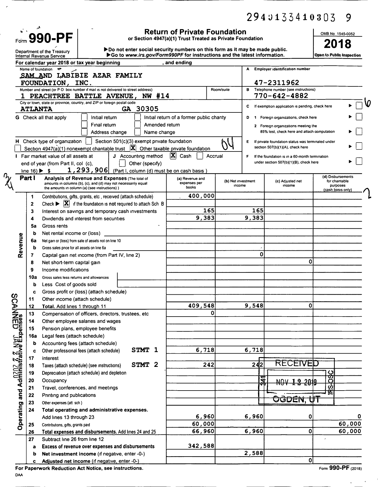 Image of first page of 2018 Form 990PF for Sam and Labibie Azar Family Foundation