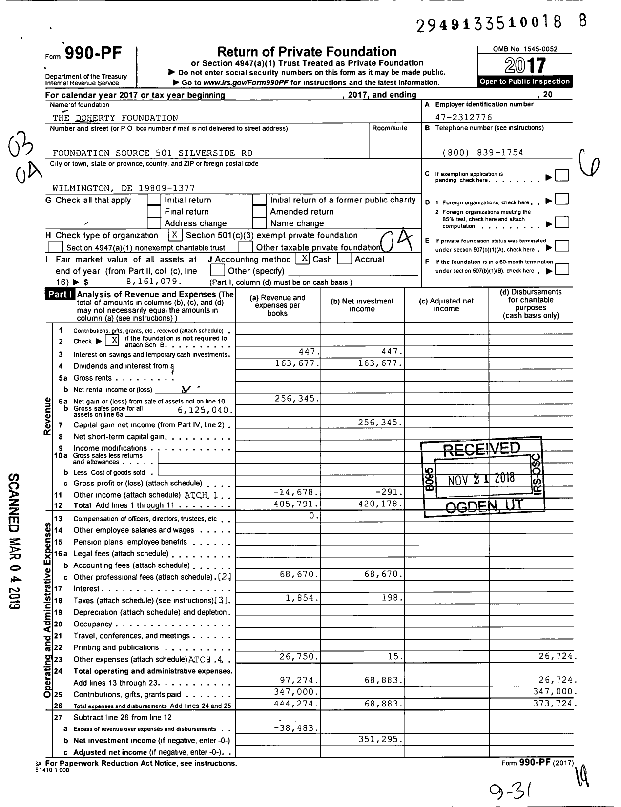 Image of first page of 2017 Form 990PF for The Doherty Foundation