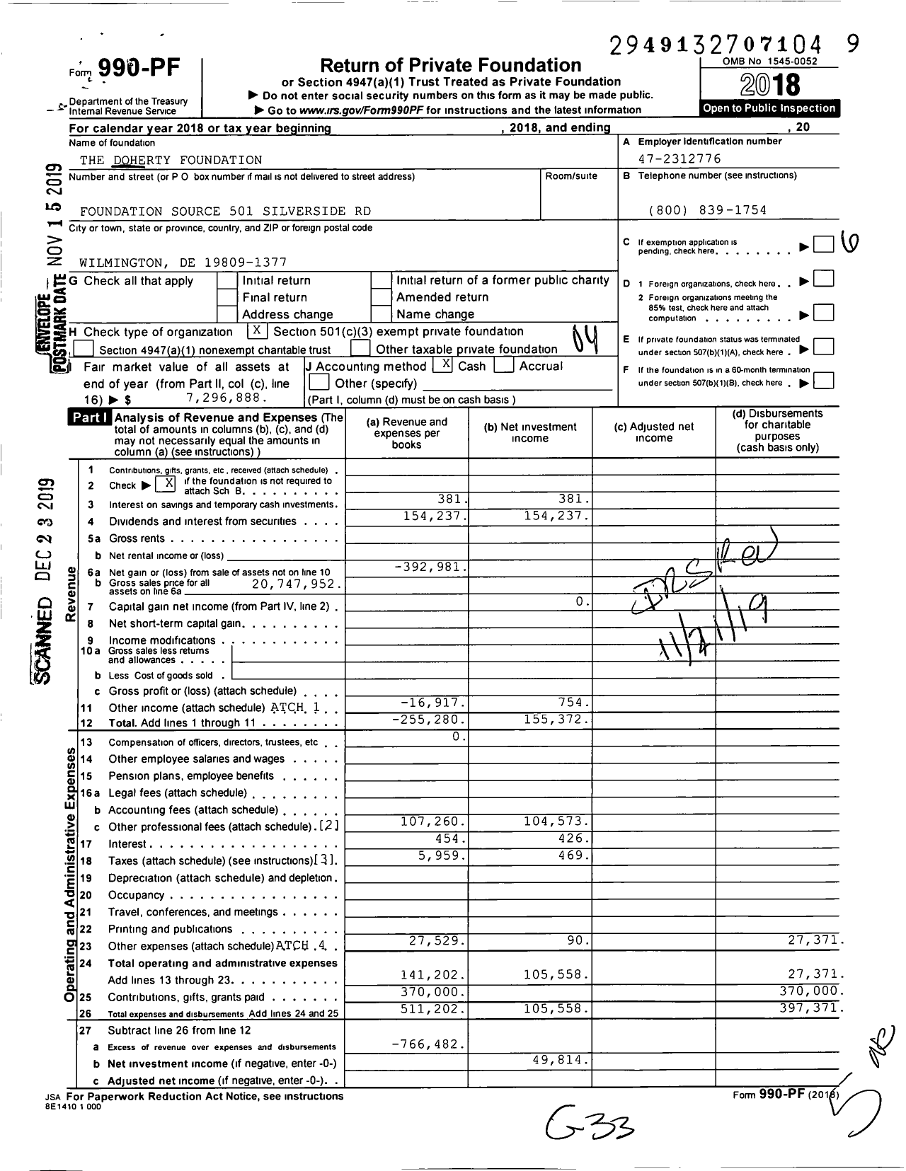 Image of first page of 2018 Form 990PF for The Doherty Foundation