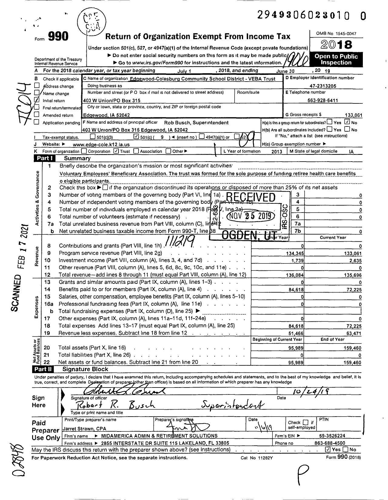 Image of first page of 2018 Form 990O for Edgewood-Colesburg Community School District Veba Trust