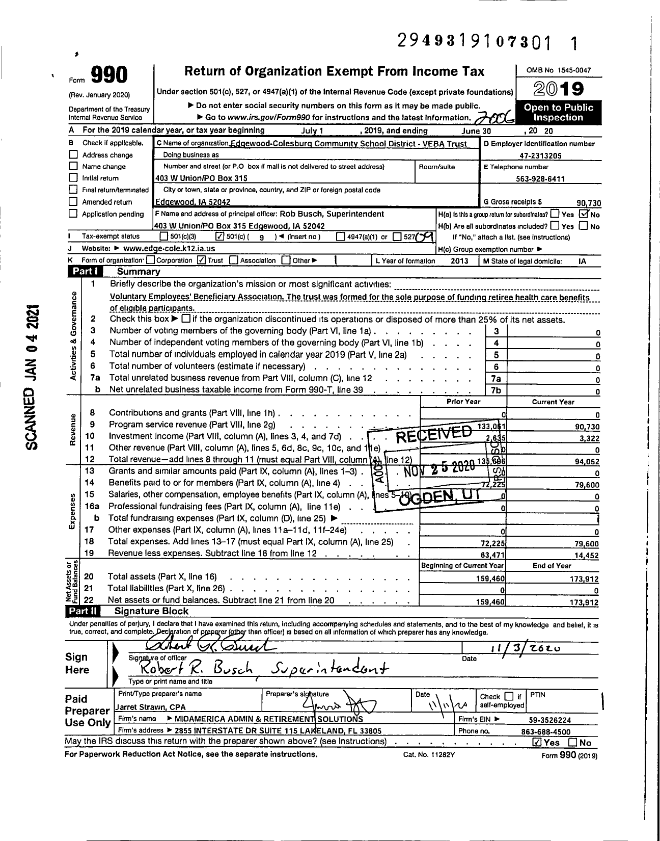 Image of first page of 2019 Form 990O for Edgewood-Colesburg Community School District Veba Trust