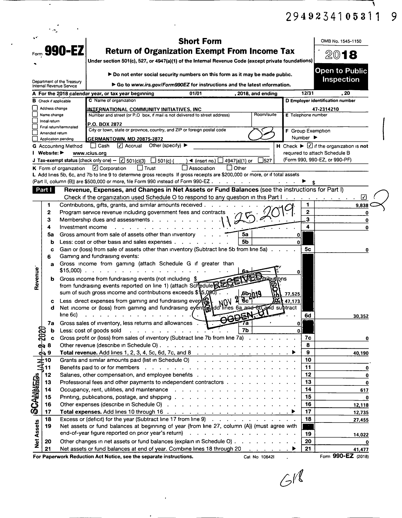 Image of first page of 2018 Form 990EZ for International Community Initiatives
