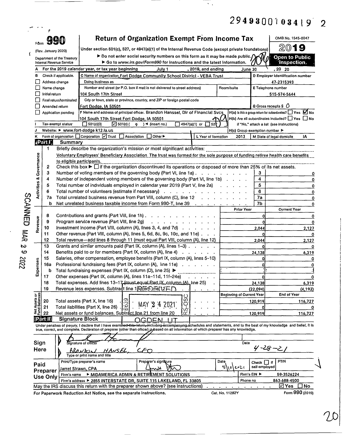 Image of first page of 2019 Form 990O for Fort Dodge Community School District Veba Trust