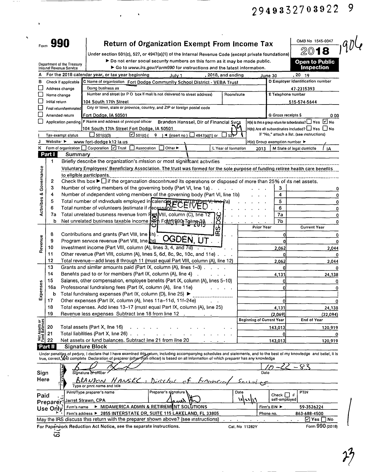 Image of first page of 2018 Form 990O for Fort Dodge Community School District Veba Trust