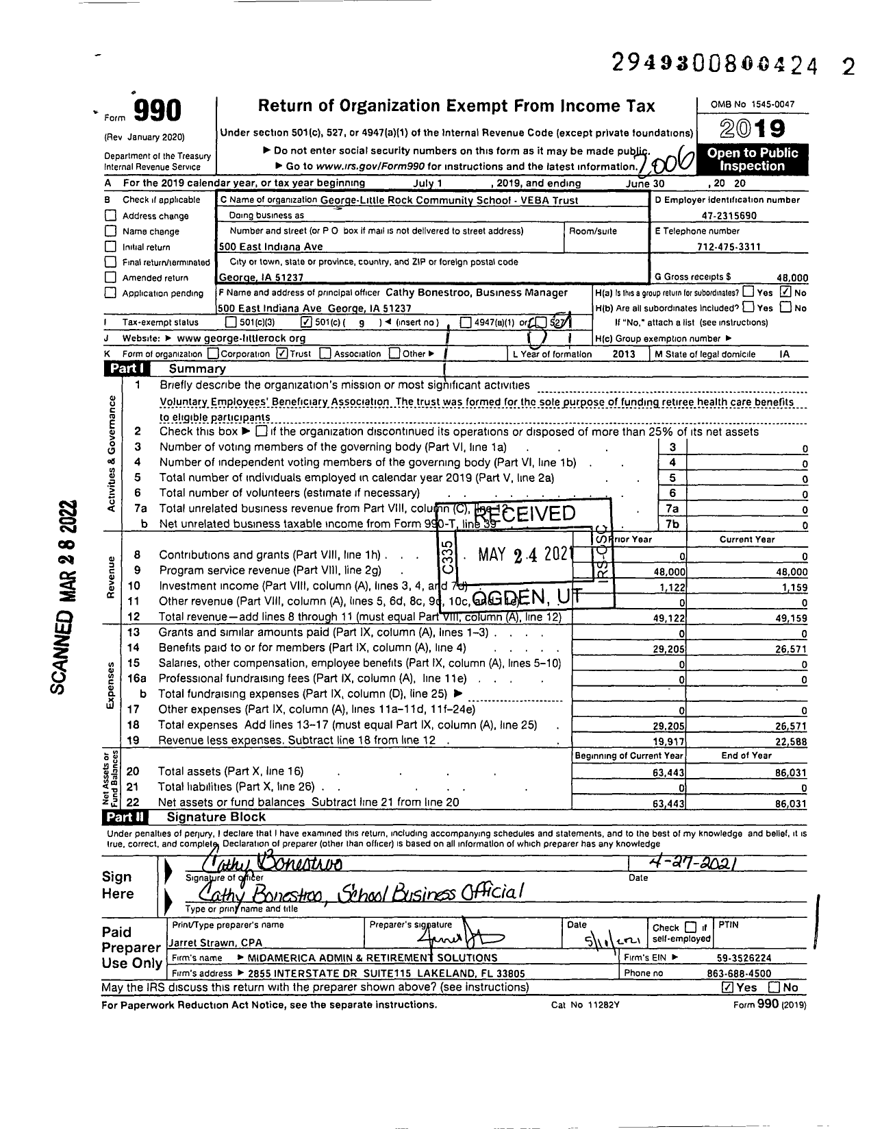 Image of first page of 2019 Form 990O for George-Little Rock Community Schools Veba Trust