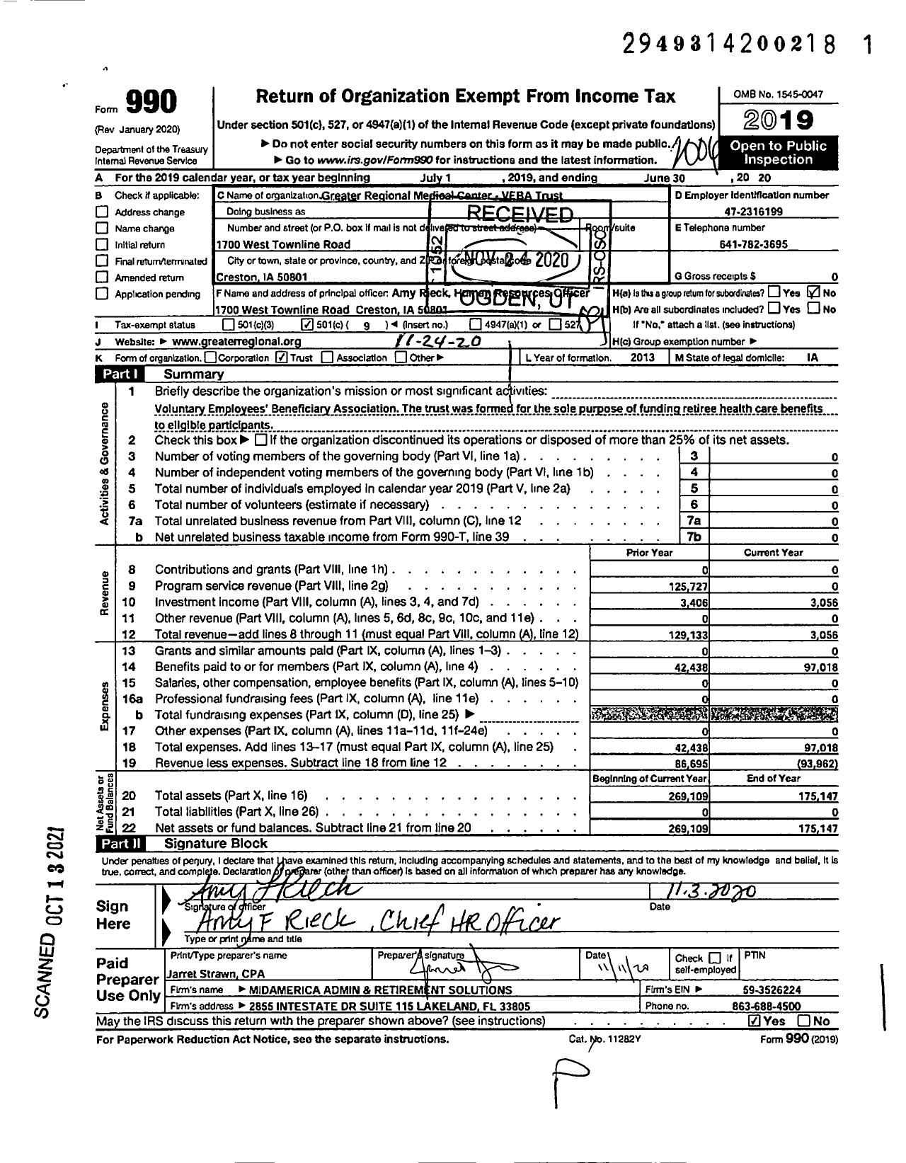 Image of first page of 2019 Form 990O for Greater Regional Medical Center Veba Trust