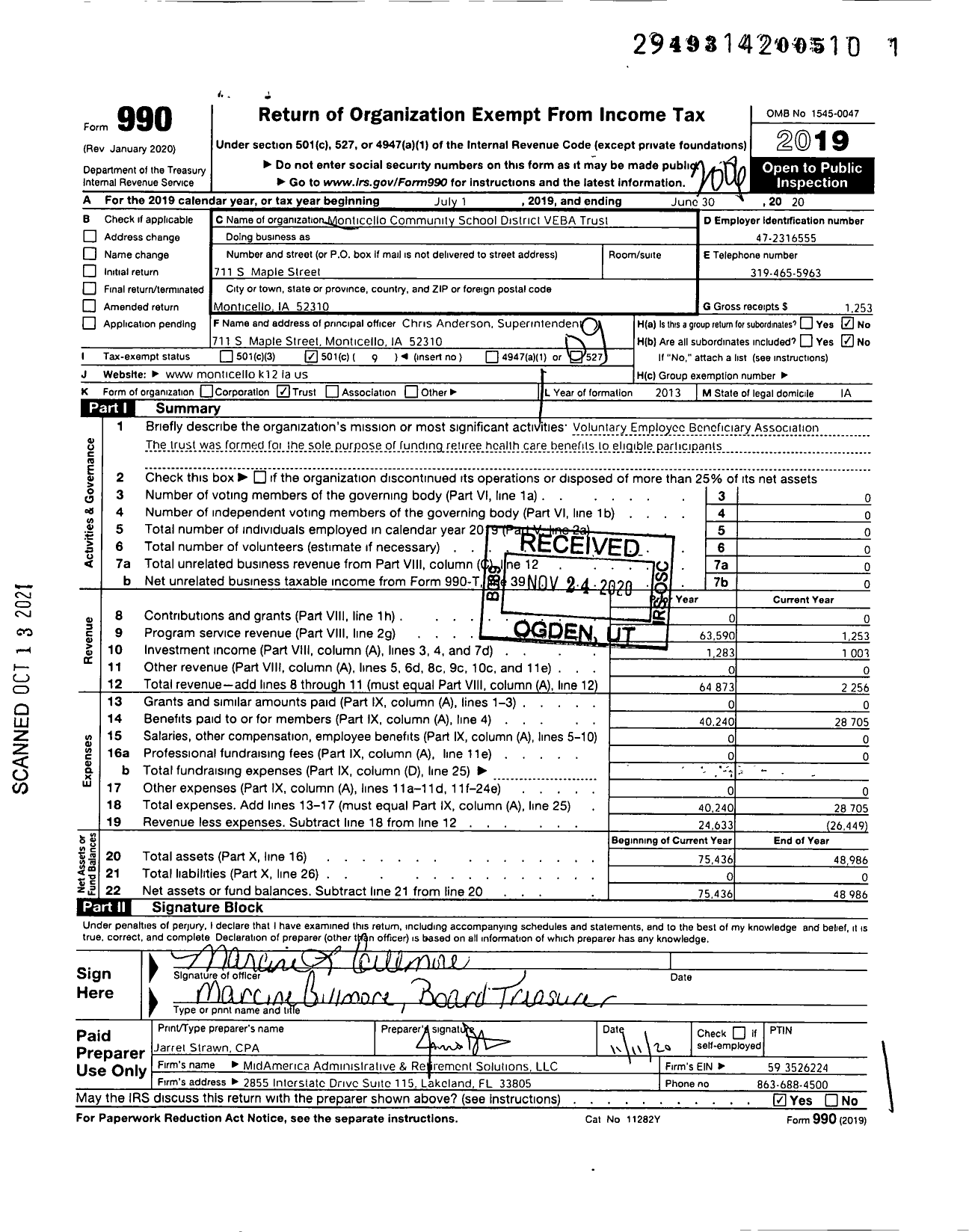 Image of first page of 2019 Form 990O for Monticello Community School District Veba Trust