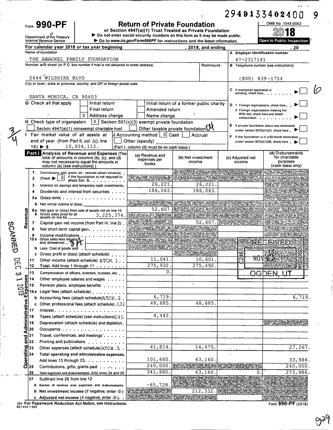 Image of first page of 2018 Form 990PF for Stockel Family Foundation