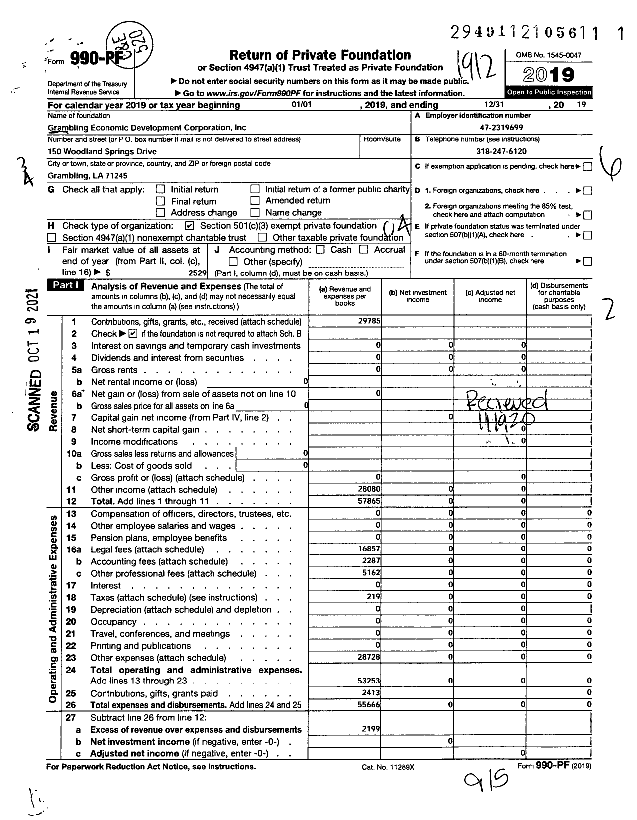 Image of first page of 2019 Form 990PF for Grambling Economic Development Corporation