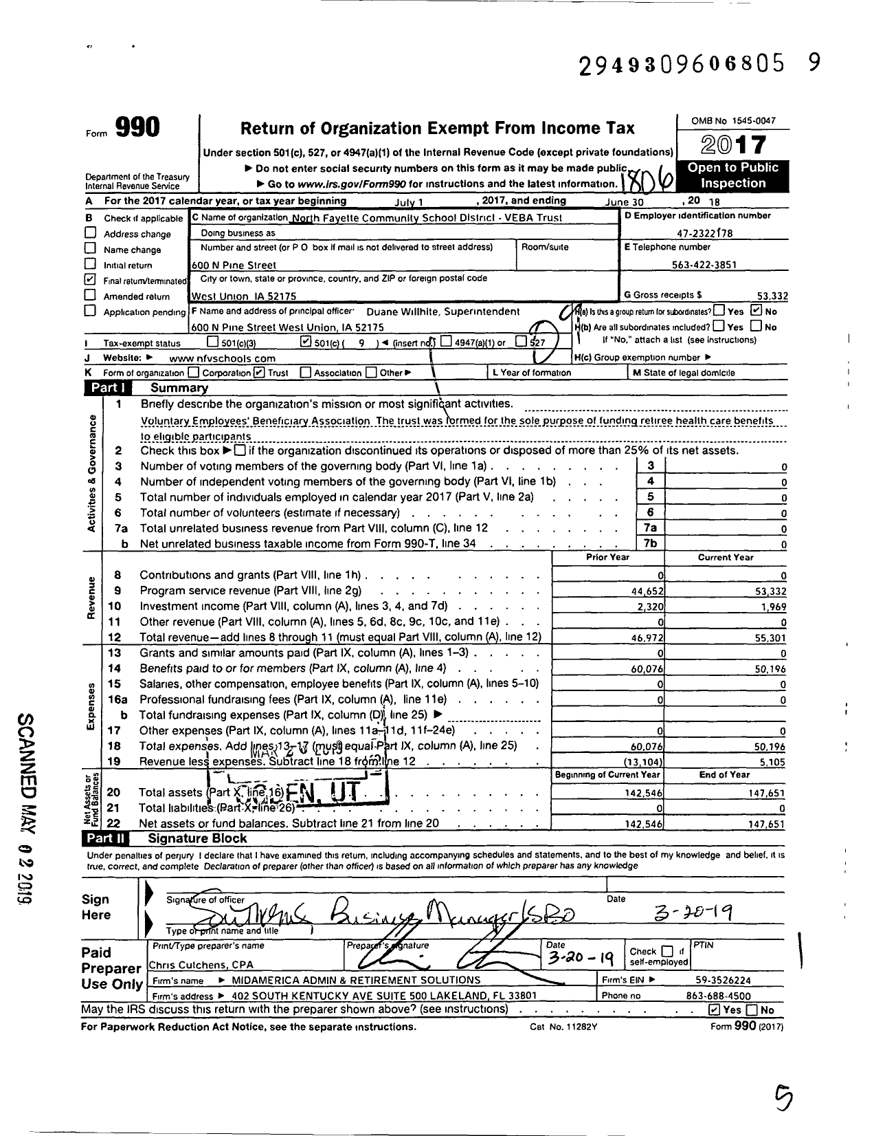 Image of first page of 2017 Form 990O for North Fayette Community School District Veba Trust