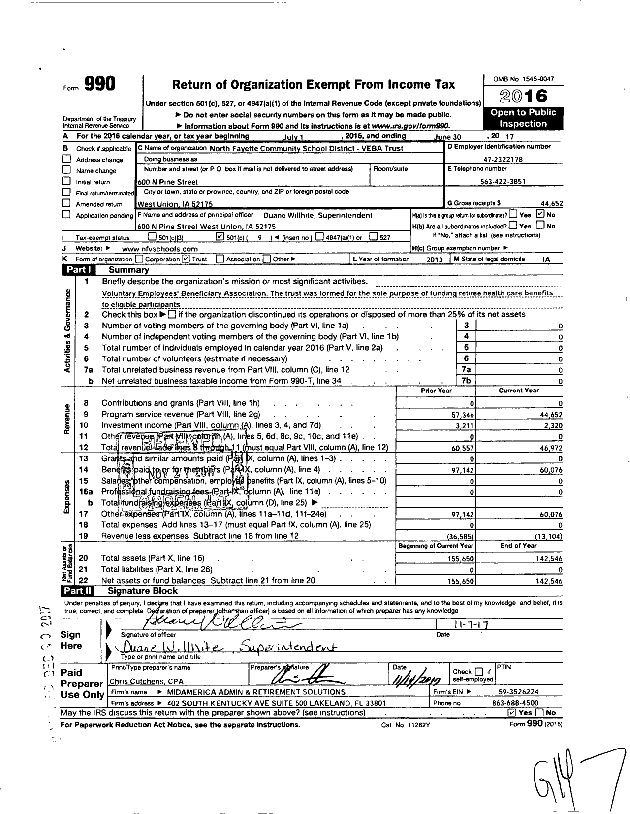 Image of first page of 2016 Form 990O for North Fayette Community School District Veba Trust