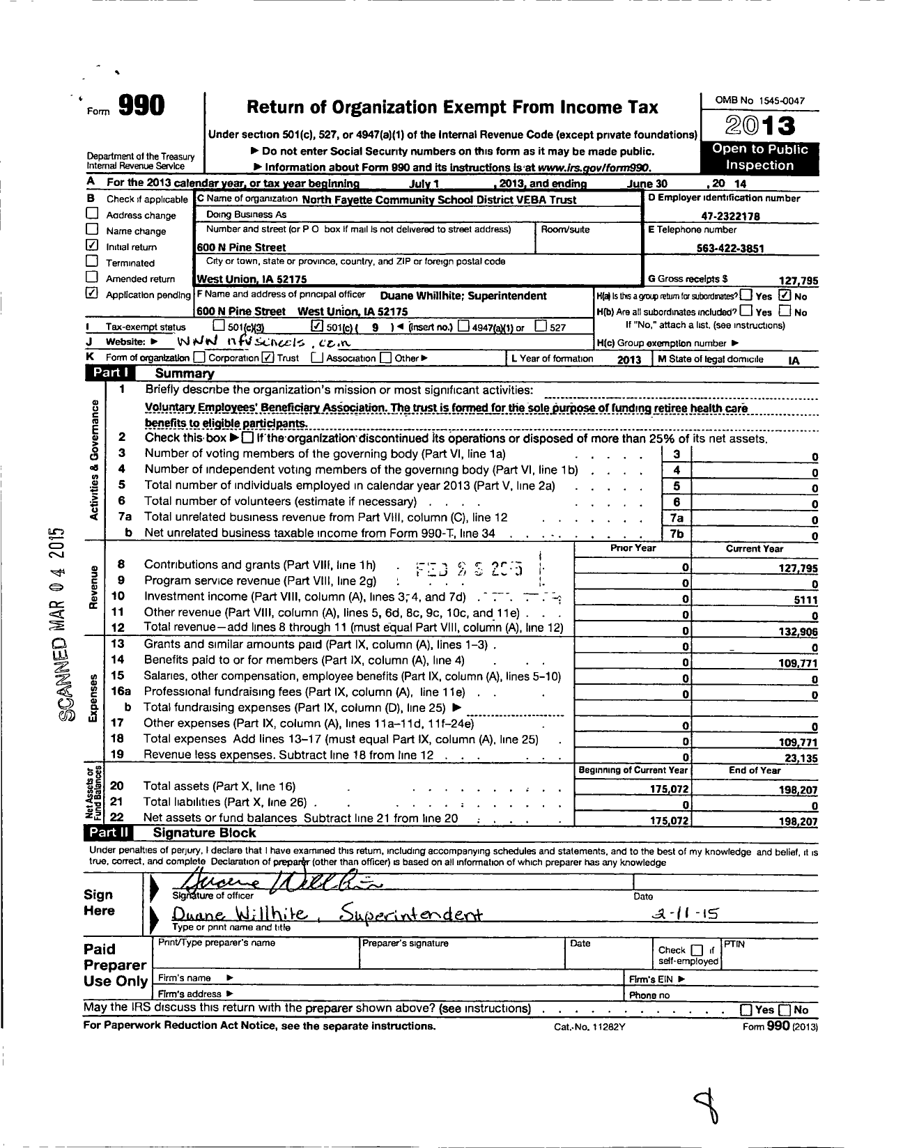 Image of first page of 2013 Form 990O for North Fayette Community School District Veba Trust