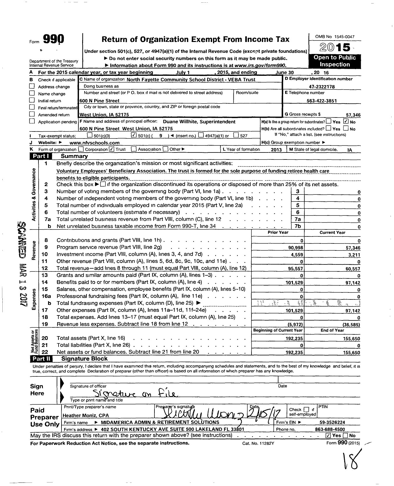 Image of first page of 2015 Form 990O for North Fayette Community School District Veba Trust