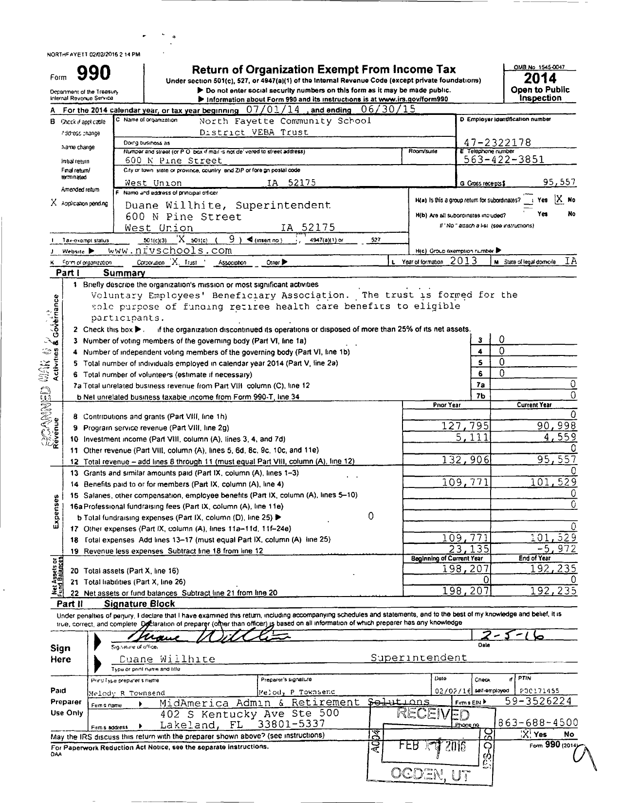 Image of first page of 2014 Form 990O for North Fayette Community School District Veba Trust