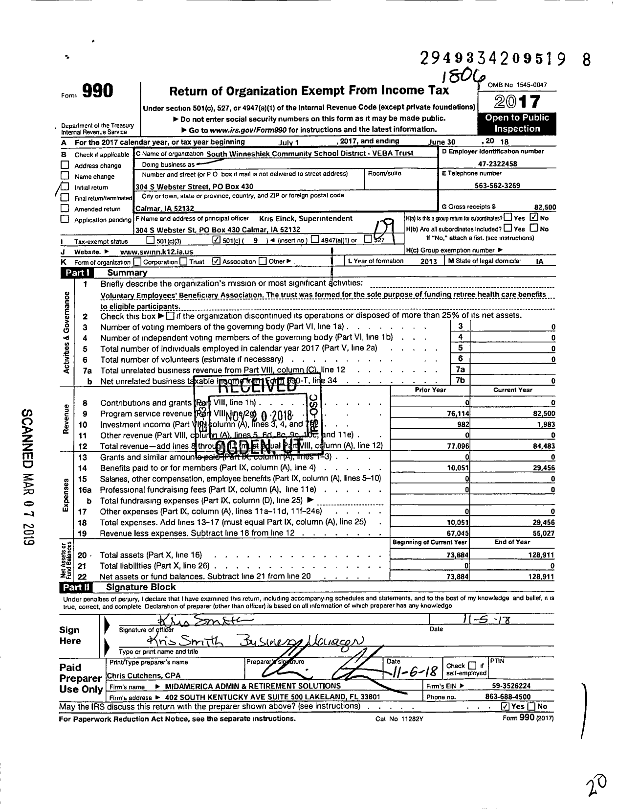 Image of first page of 2017 Form 990O for South Winneshiek Community School District Veba Trust