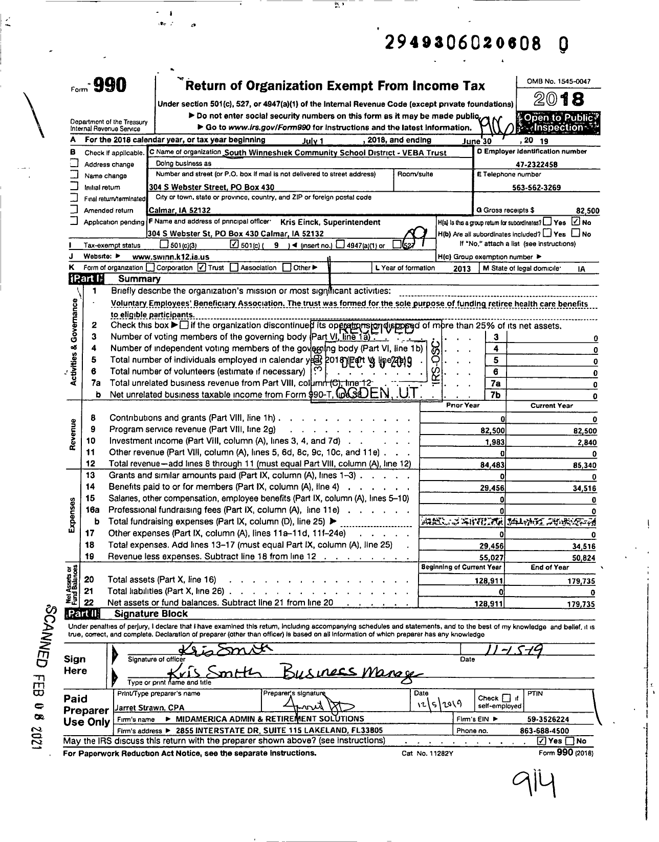 Image of first page of 2018 Form 990O for South Winneshiek Community School District Veba Trust