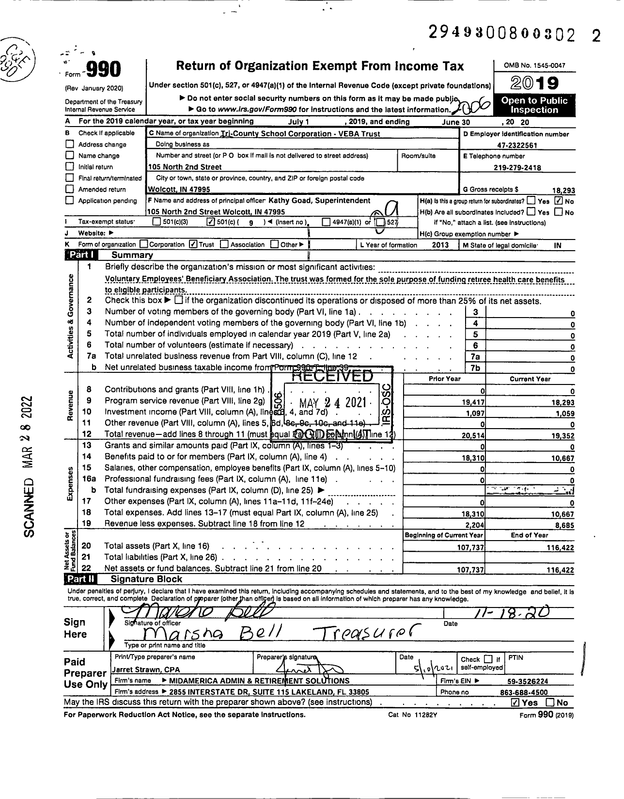 Image of first page of 2019 Form 990O for Tri-County School Corporation Veba Trust