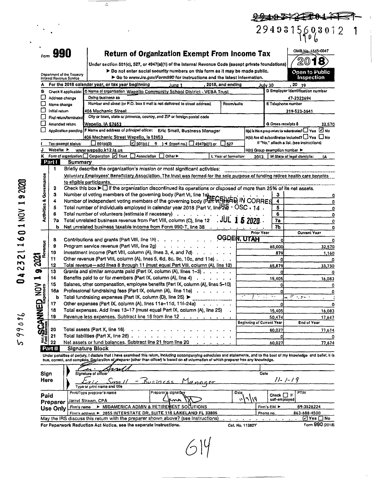 Image of first page of 2018 Form 990O for Wapello Community School District Veba Trust