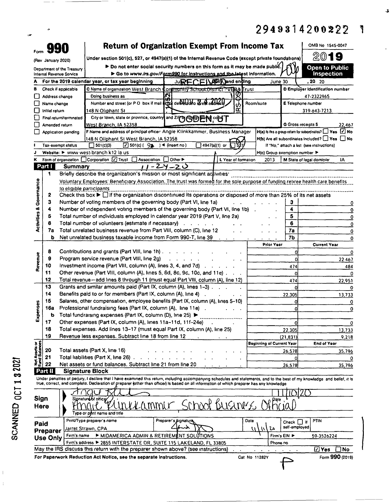 Image of first page of 2019 Form 990O for West Branch Community School District Veba Trust