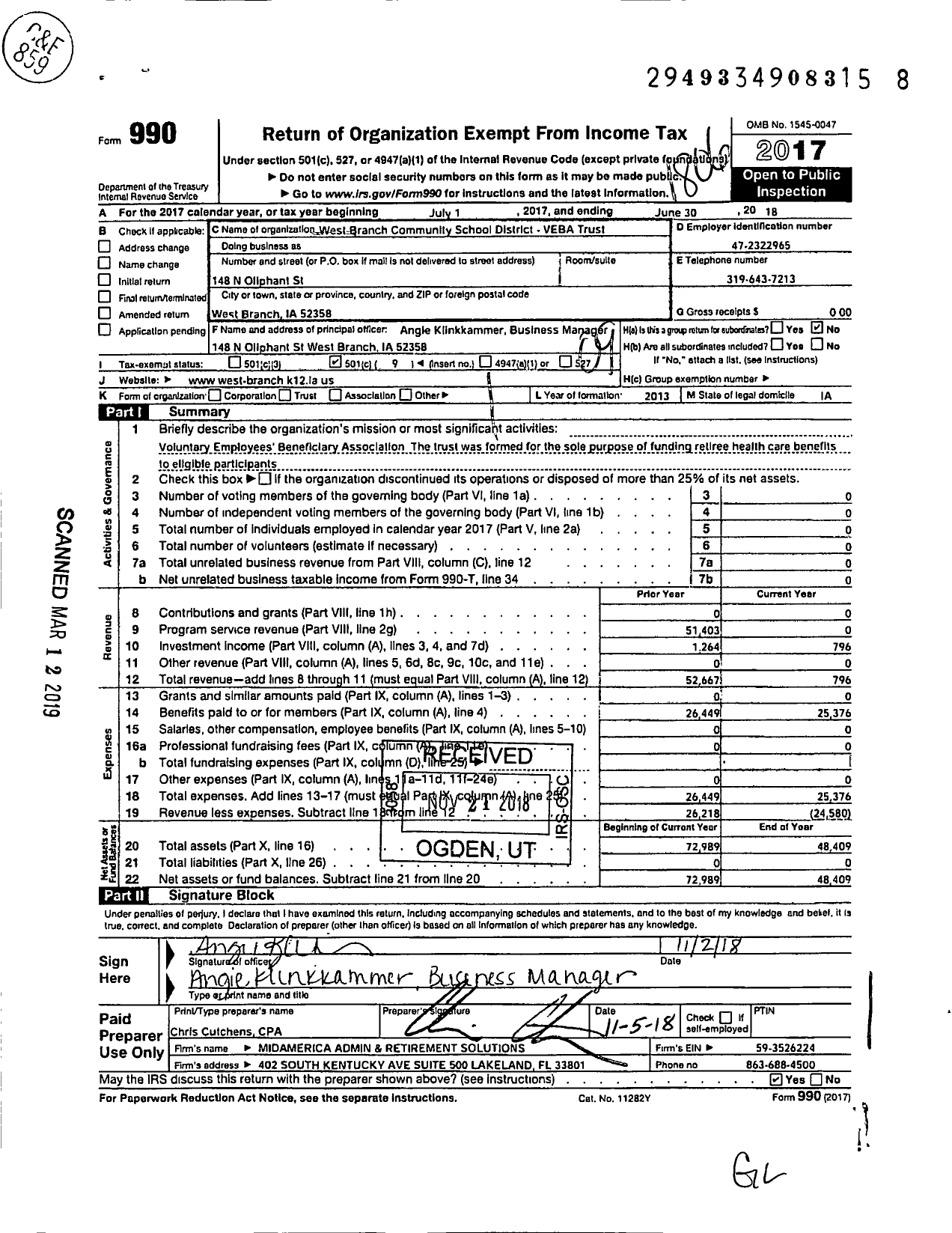 Image of first page of 2017 Form 990O for West Branch Community School District Veba Trust