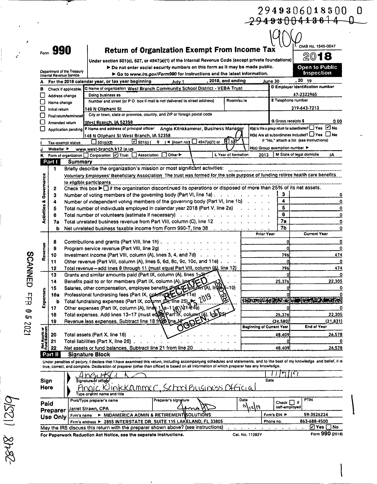 Image of first page of 2018 Form 990O for West Branch Community School District Veba Trust