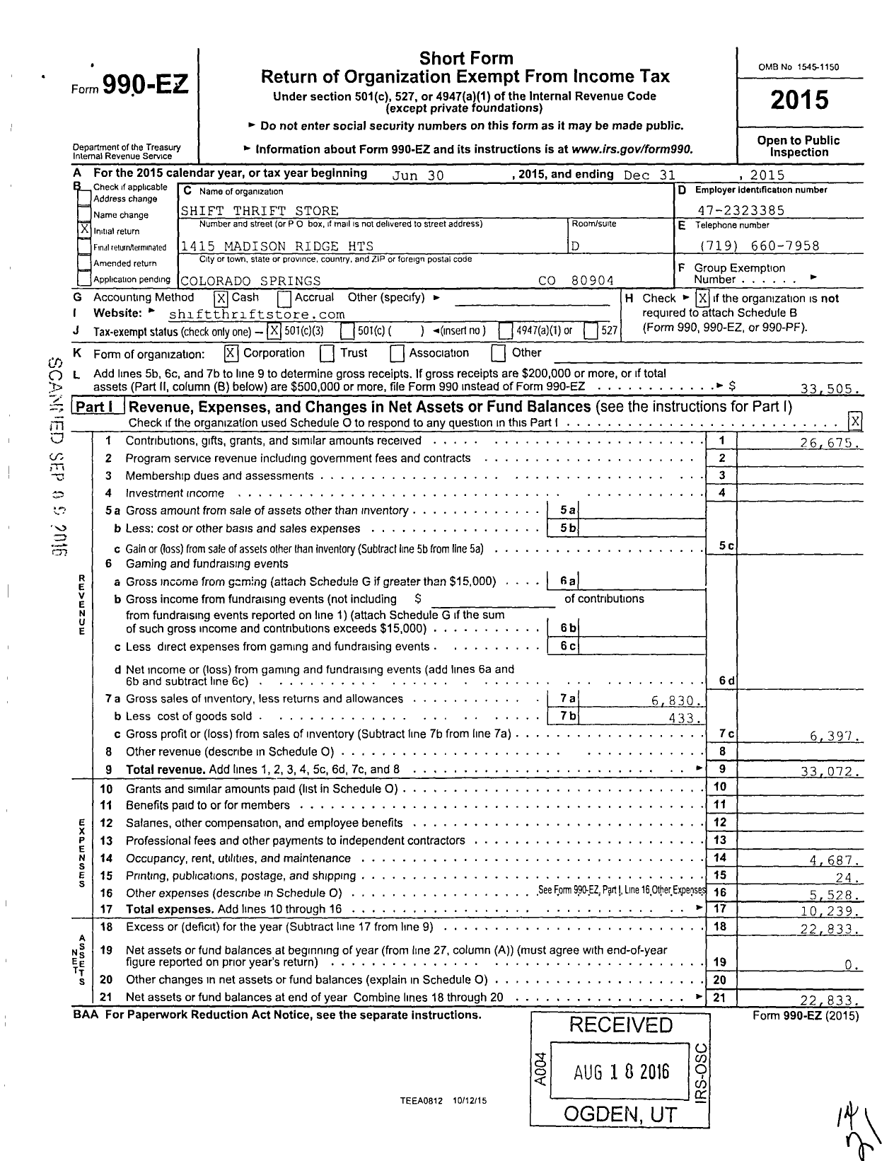 Image of first page of 2015 Form 990EZ for Shift Thrift Store