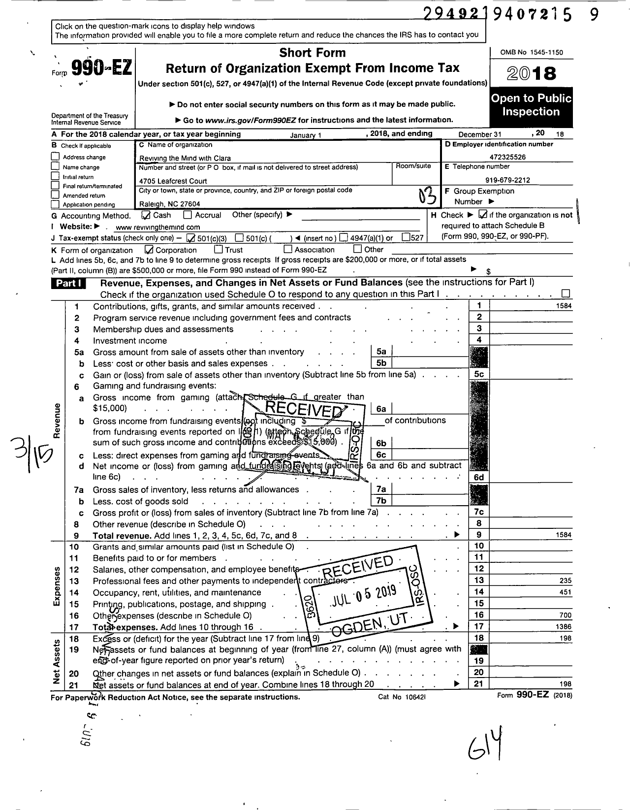 Image of first page of 2018 Form 990EZ for Reviving the Mind with Clara
