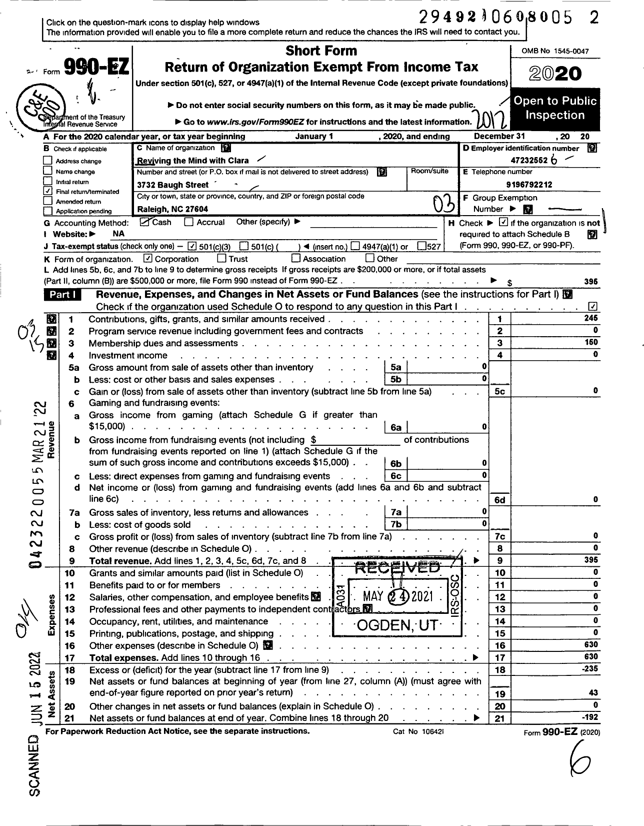 Image of first page of 2020 Form 990EZ for Reviving the Mind with Clara