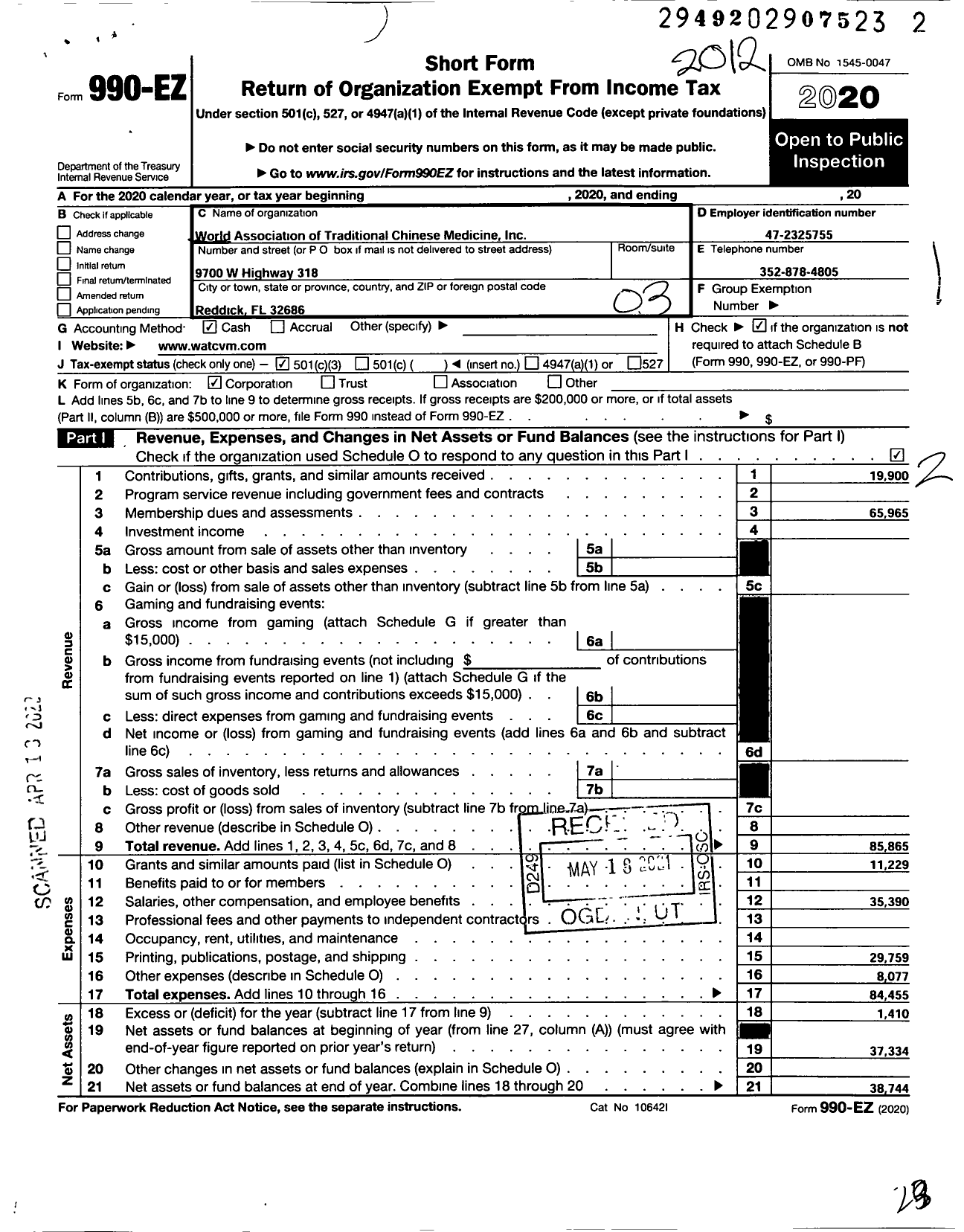 Image of first page of 2020 Form 990EZ for World Association of Traditional Veterinary Medici