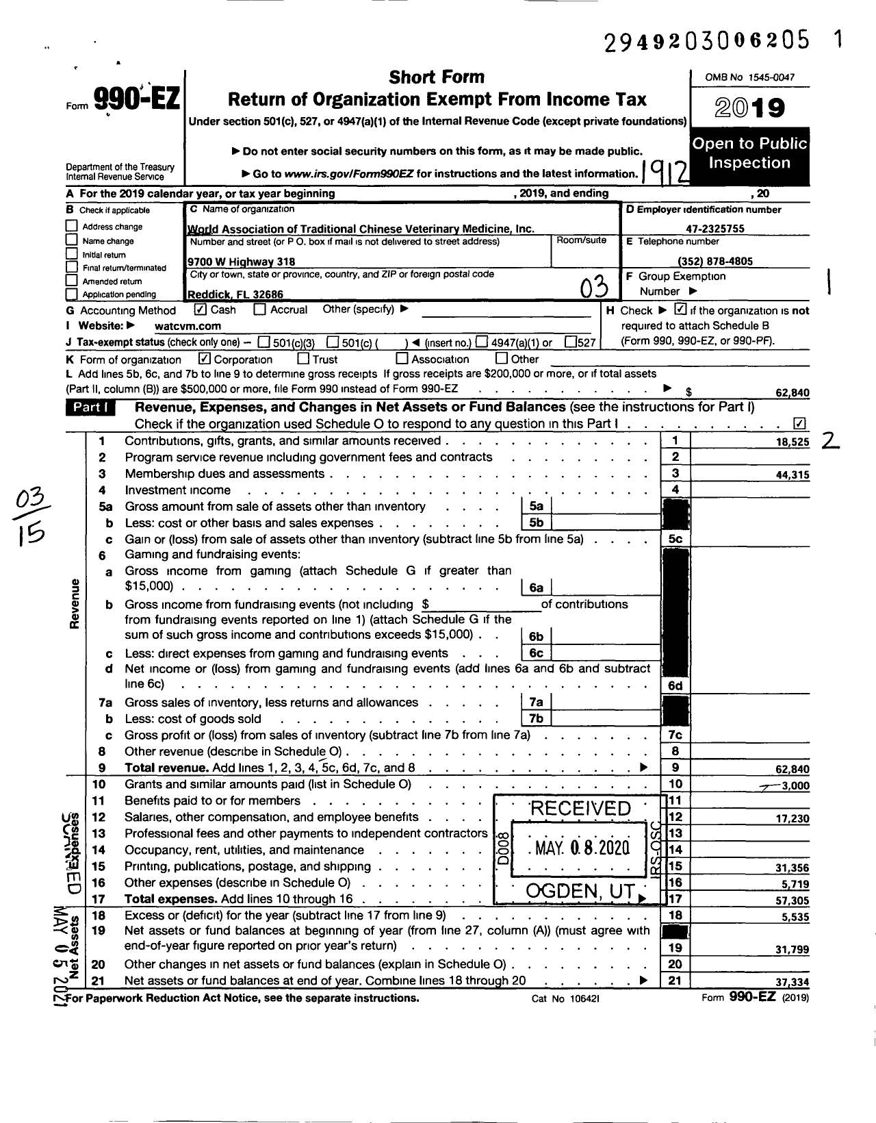 Image of first page of 2019 Form 990EZ for World Association of Traditional Veterinary Medici