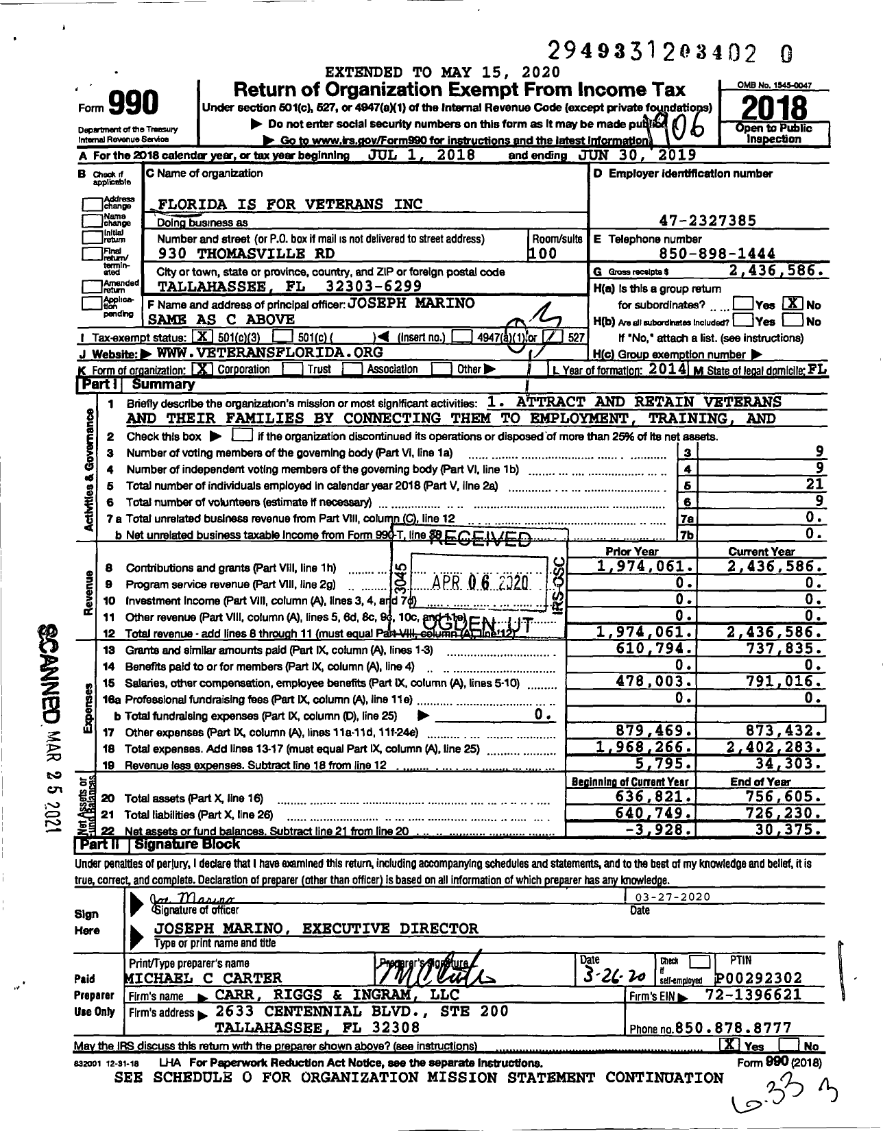 Image of first page of 2018 Form 990 for Florida Is for Veterans