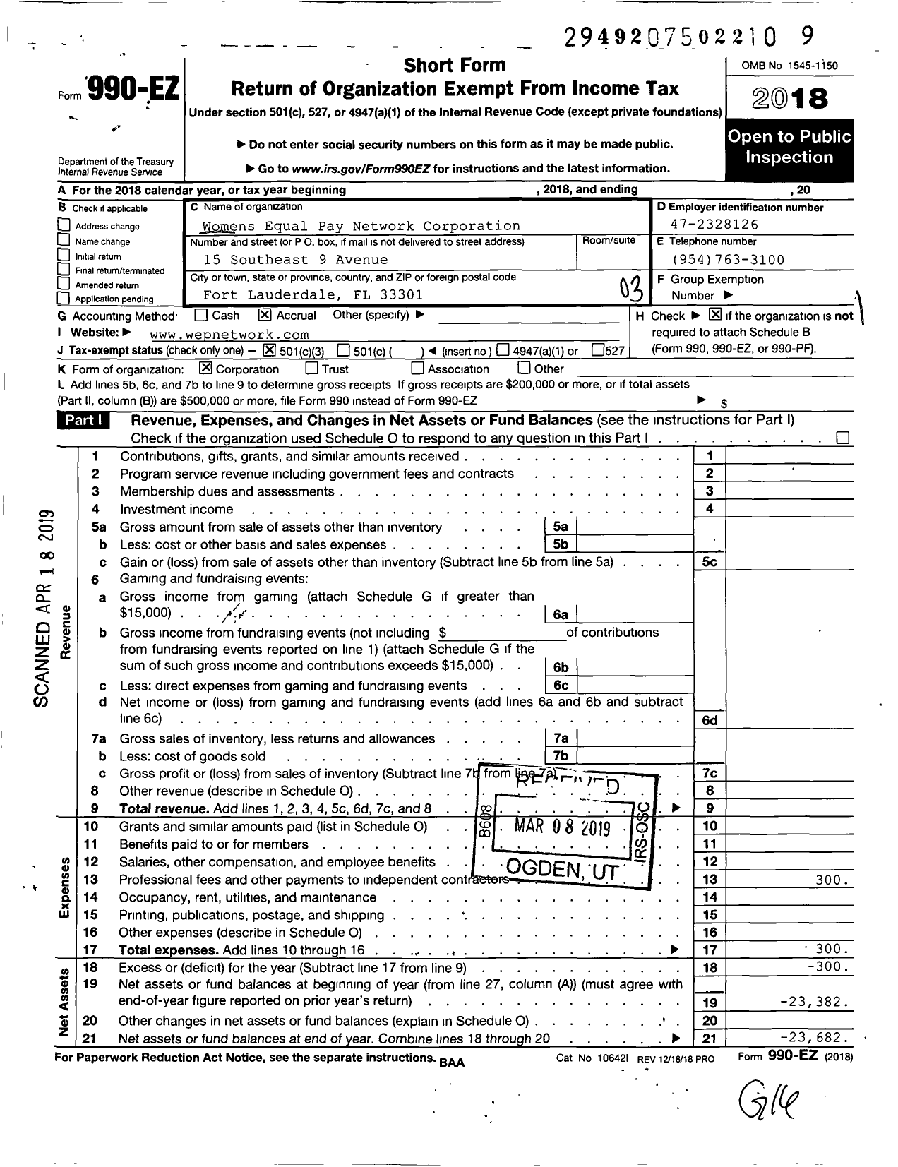 Image of first page of 2018 Form 990EZ for Women's Equity and Progress Network Incorporated