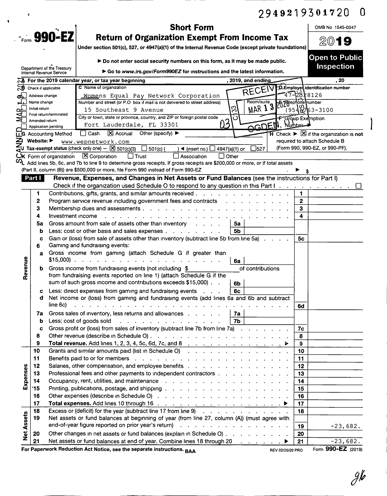 Image of first page of 2019 Form 990EZ for Women's Equity and Progress Network Incorporated