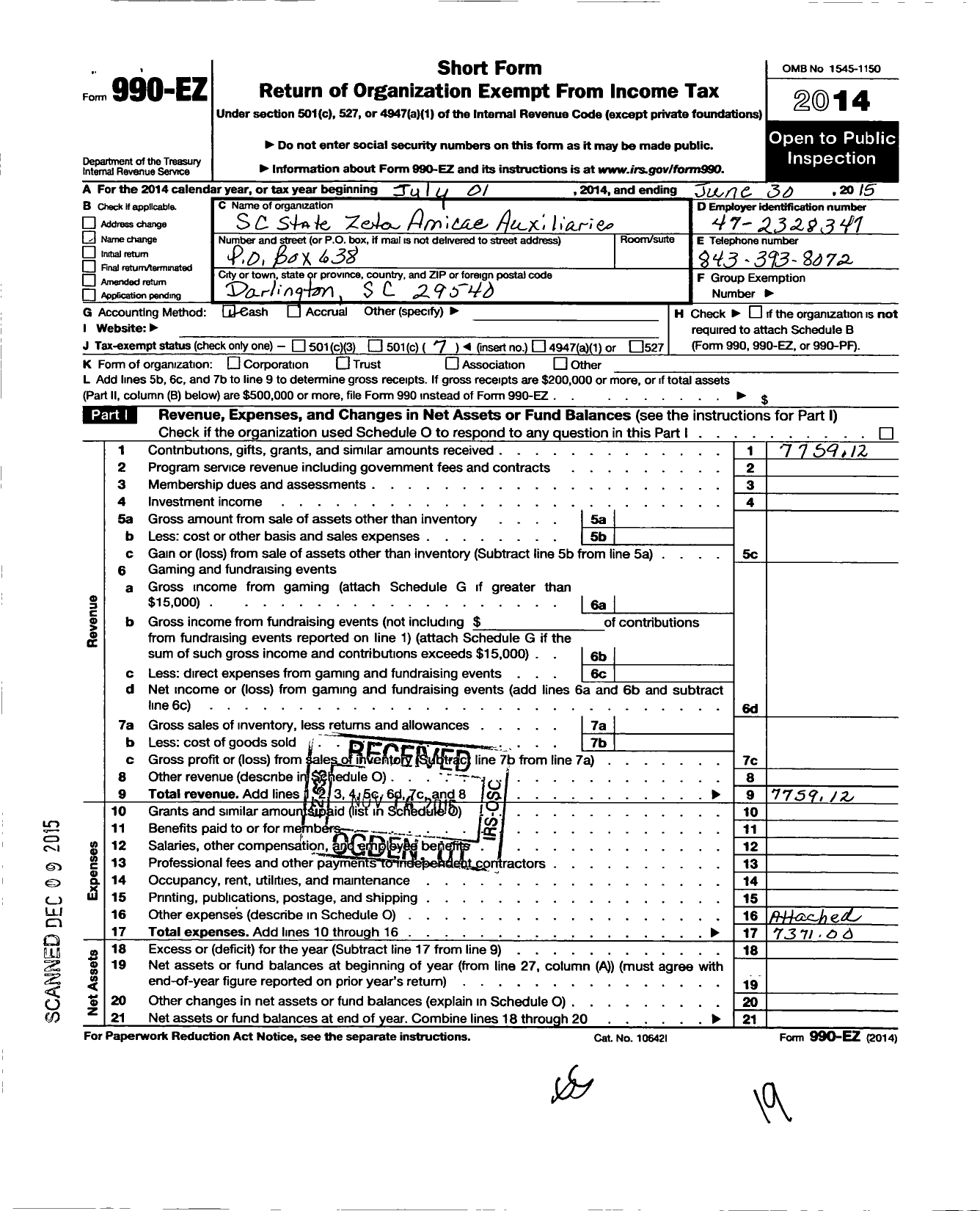 Image of first page of 2014 Form 990EO for Zeta Phi Beta Sorority / S Carolina State Zeta Amicae Aux