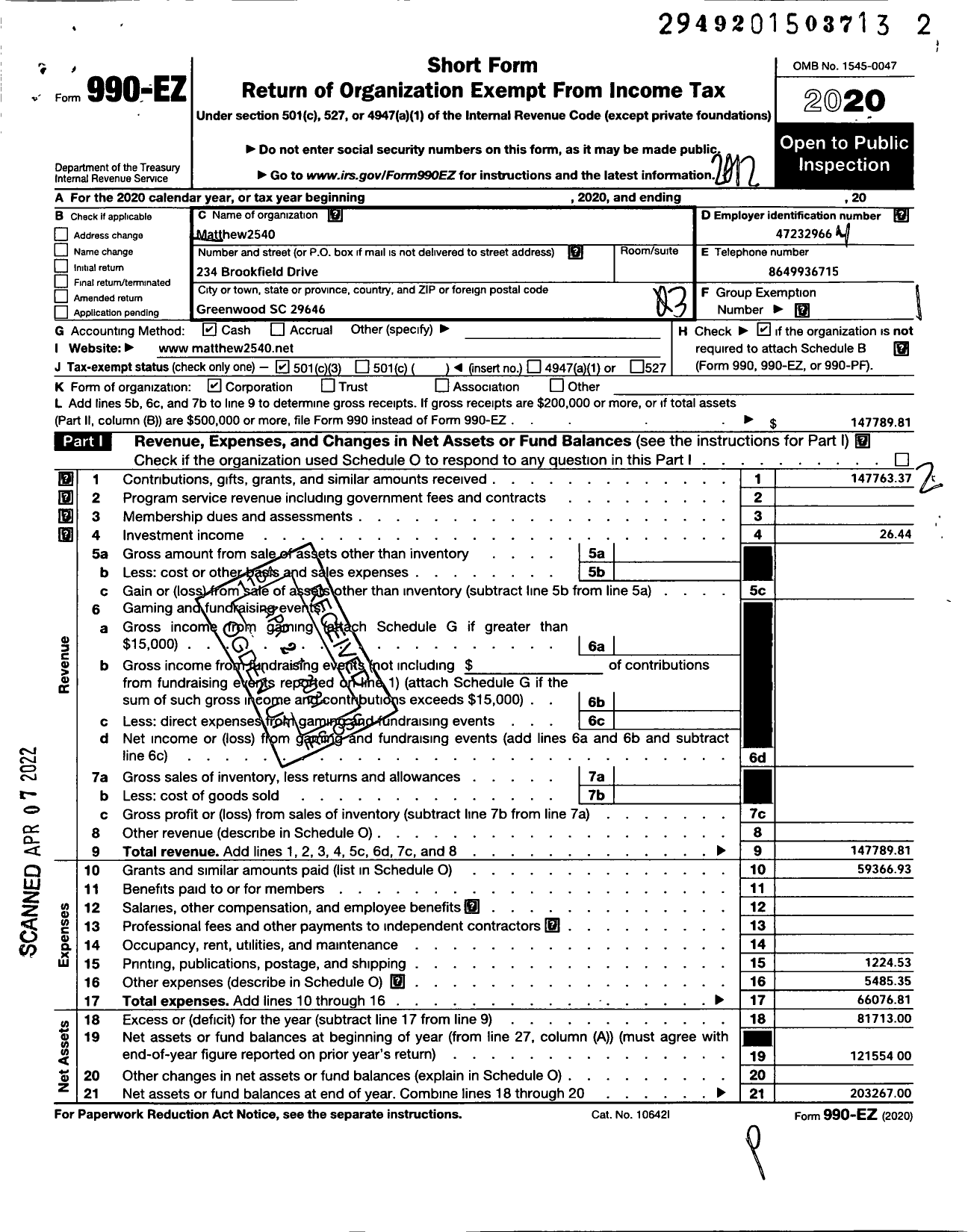 Image of first page of 2020 Form 990EZ for Matthew2540