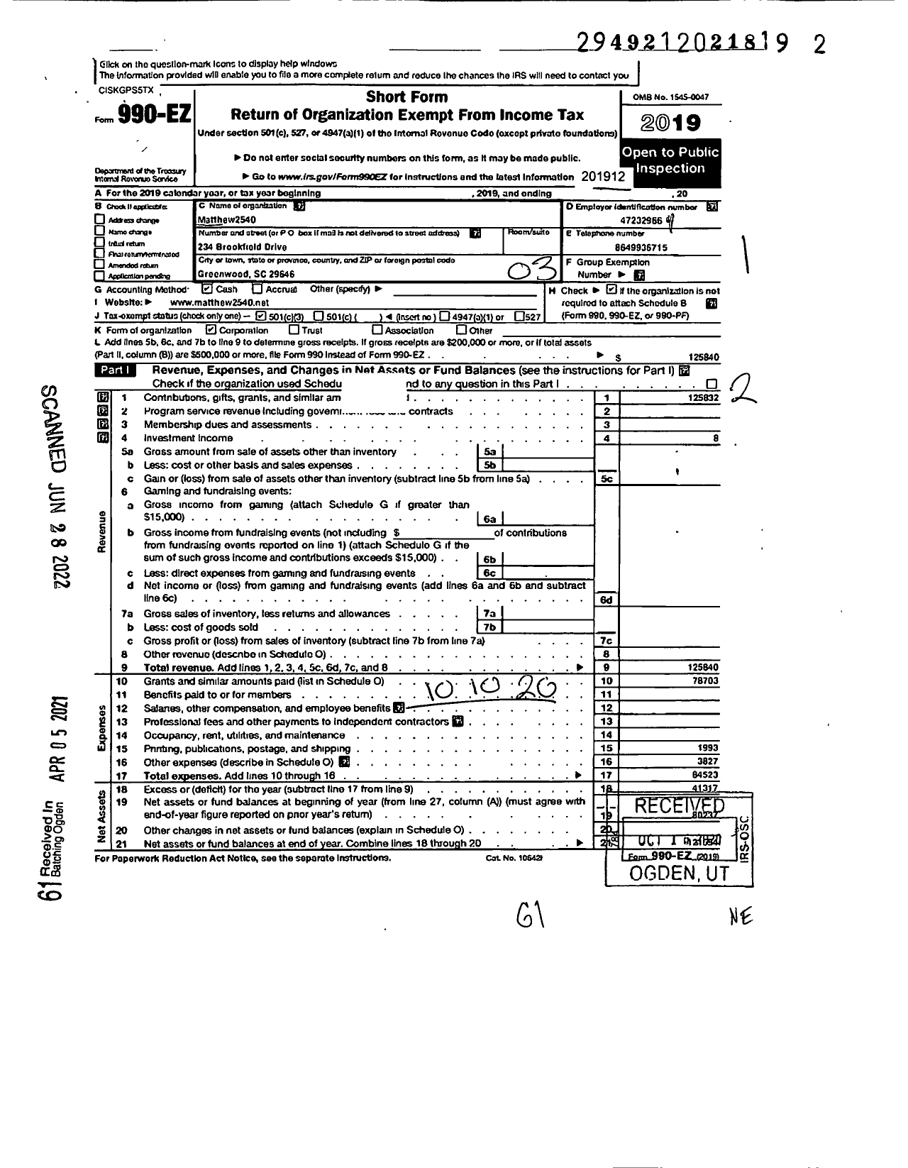 Image of first page of 2019 Form 990EZ for Matthew2540