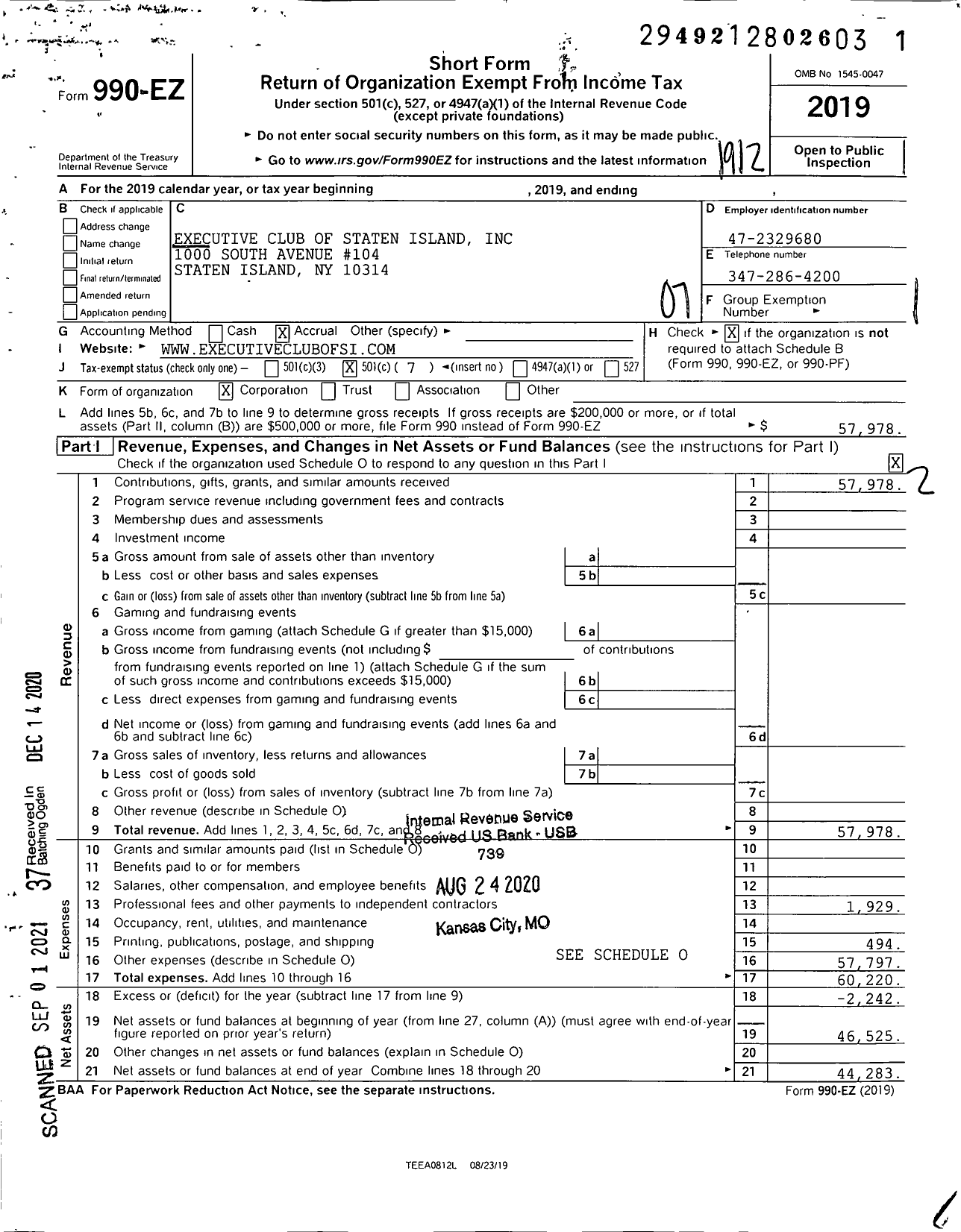 Image of first page of 2019 Form 990EO for Executive Club of Staten Island