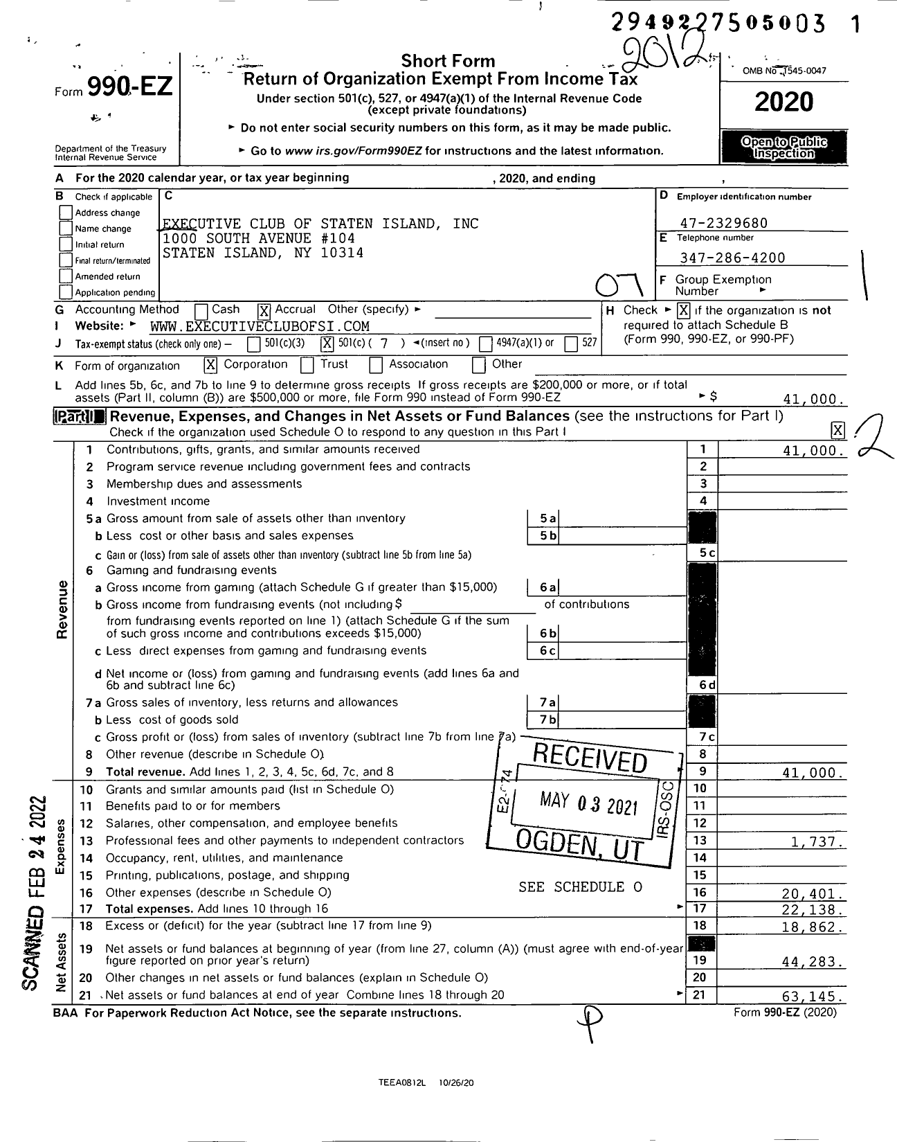 Image of first page of 2020 Form 990EO for Executive Club of Staten Island